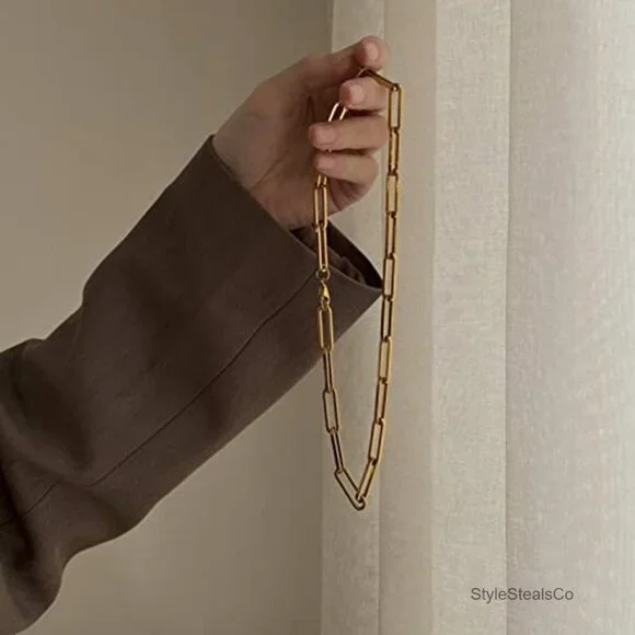 Thick Paperclip Chain Necklace Minimalist Chunky Titanium Gold Plated - Picture 6 of 7